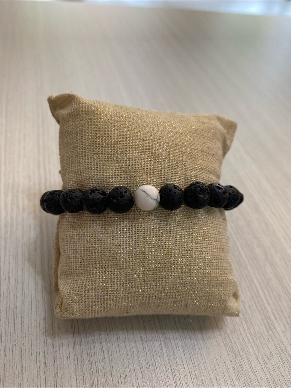 Minimalist Black Lava Stone Stretch Bracelet with White Howlite Accent